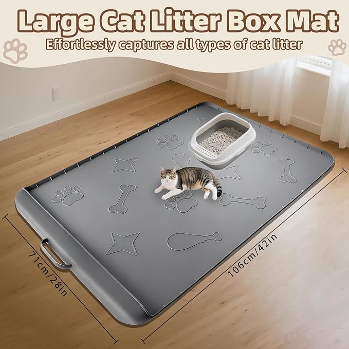 Silicone Cat Litter Mat with Collection Pocket, 42" x 28" Large Cat Litter Box Mat Waterproof Anti-Slip Litter Trapping Mat with Edge and Handle Pet Placemat for Floors (Dark Grey)