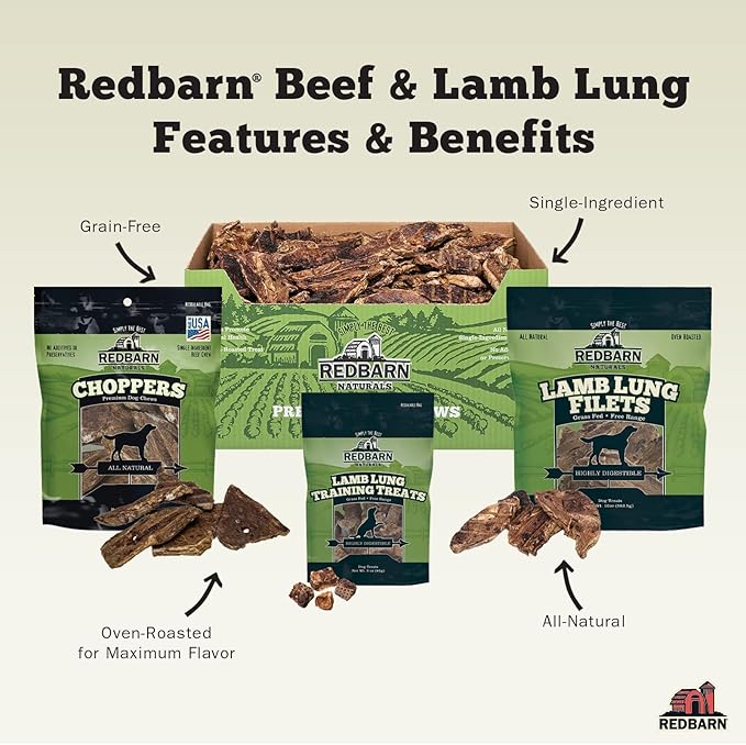 Redbarn Pet Products Choppers Beef Lung Dog Chews, Natural, Made in USA, High-Protein Low-Fat, Grain-Free, Single Ingredient for All Dog Sizes - 9 oz Bag, Pack of 8