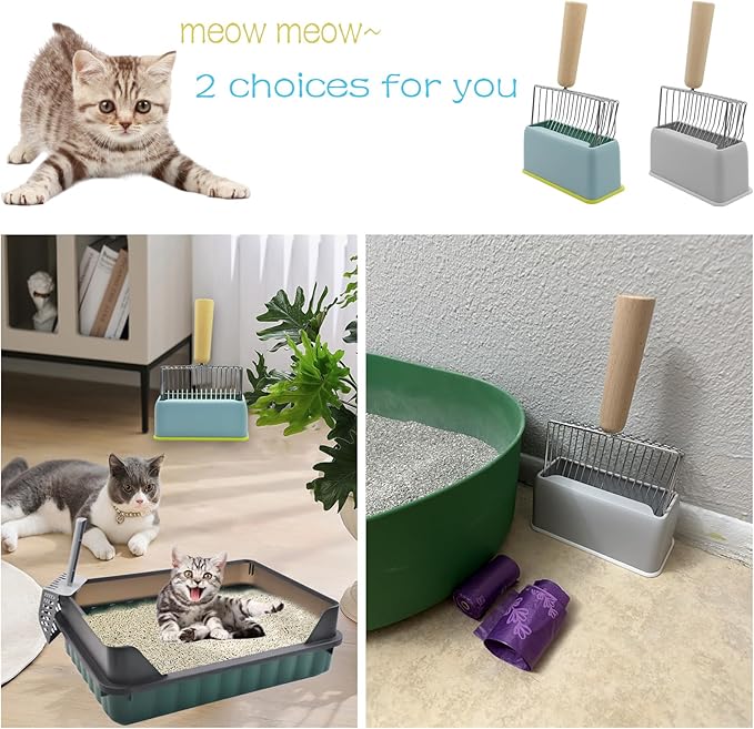 Cat Scooper for Litter Box with Holder,Kitty Litter Scoop Metal Fast Sifting Kitten Poop Shovel Stainless Steel Heavy Duty Cat Pan Scooper with Wood Handle（Blue）