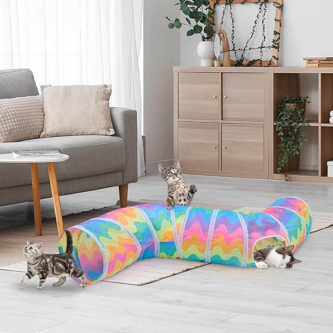Glittme Cat Tunnel, Cat Tunnels for Indoor Cats, S-Shape Cats Cave with Cat Toys, Foldable Cat Tubes and Tunnels for Cats, Rabbit, Puppy, Guinea Pig