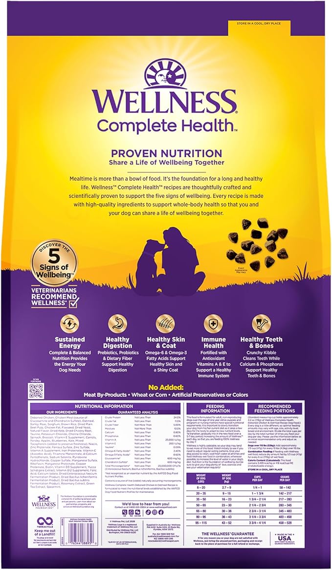 Wellness Complete Health Dry Dog Food, Wholesome Grains, Chicken & Oatmeal, (38-Pound Bag)