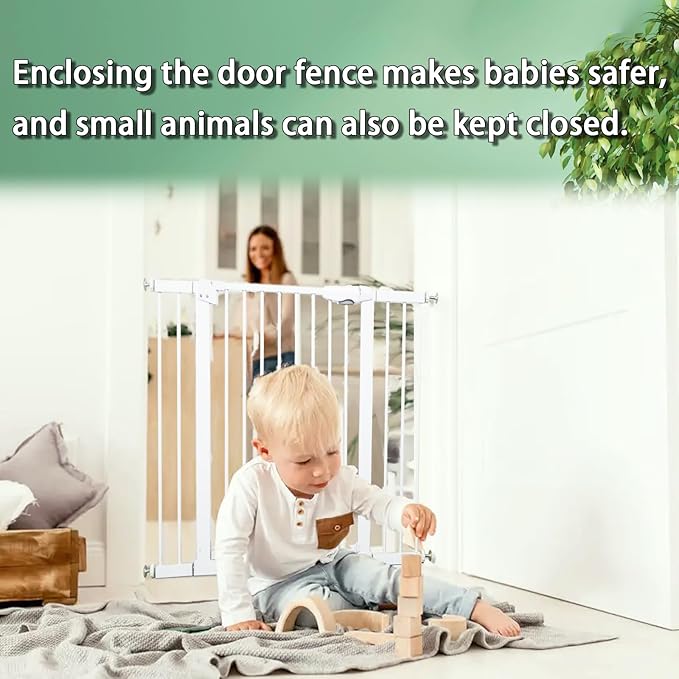 Metal Baby Gate Dog Gate Meteorite White 85.6''-105.2'' Inch Extra Wide Pet Gate for Stairs Doorways Pressure Mounted Walk Thru Child Gate with Door NO Need Tools NO Drilling with Wall Cups