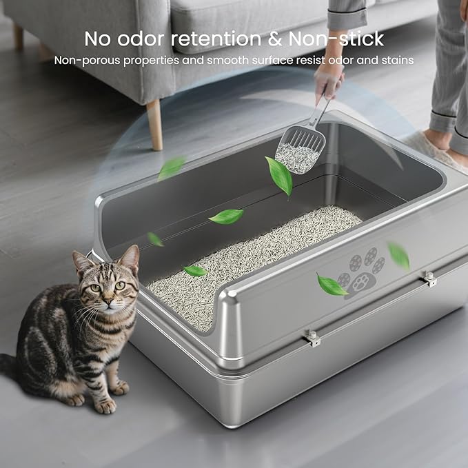 Enclosed Stainless Steel Cat Litter Box with Lid, Oversize Metal Litter Box for Multi Cats, Extra XXL Cat Toilet with High Side, Non-Stick, Anti-Leakage, Odorless, with Litter Mat & Litter Scoop