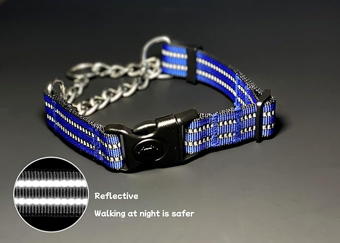 Martingale Dog Collars, Reflective Nylon Collar with Stainless Steel Chain, Adjustable Walking Training Dog Collars with Quick Release Buckle, Suitable for Small Medium Large Dogs(Blue,XL)