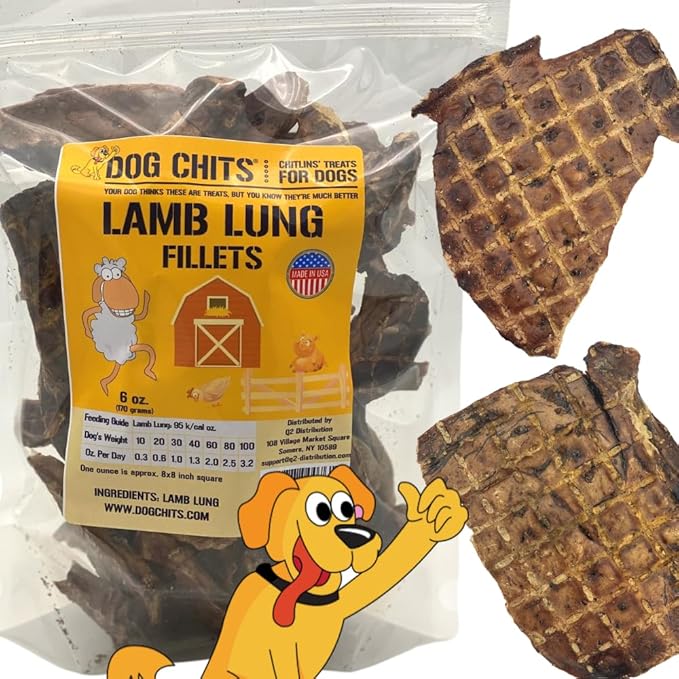 Dog Chits Lamb Lung Fillets Dog and Puppy Treats - Made in USA - Easy to Break - Slices - Random Shape - All Natural - Great for Training - High Protein - Low Fat - Large 6 oz. Bag