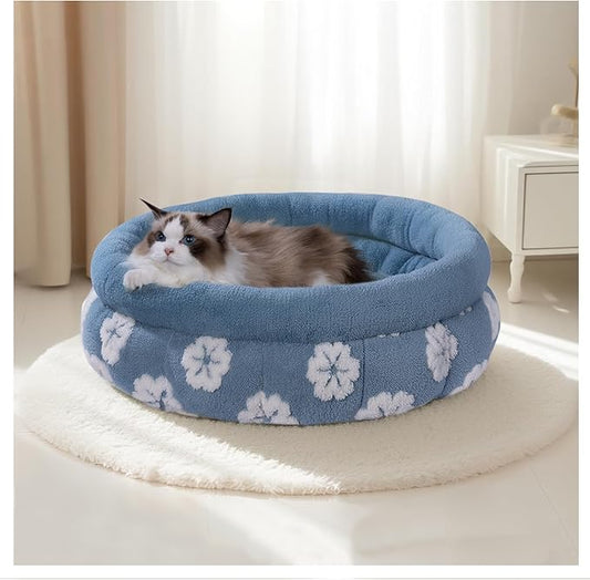 BALANCE Cat Beds for Indoor Cats, Washable Round Cat Bed, Cute 3D Flower Kitten Bed with Anti-Slip Bottom for Puppy and Kitten, 23 Inches, Blue