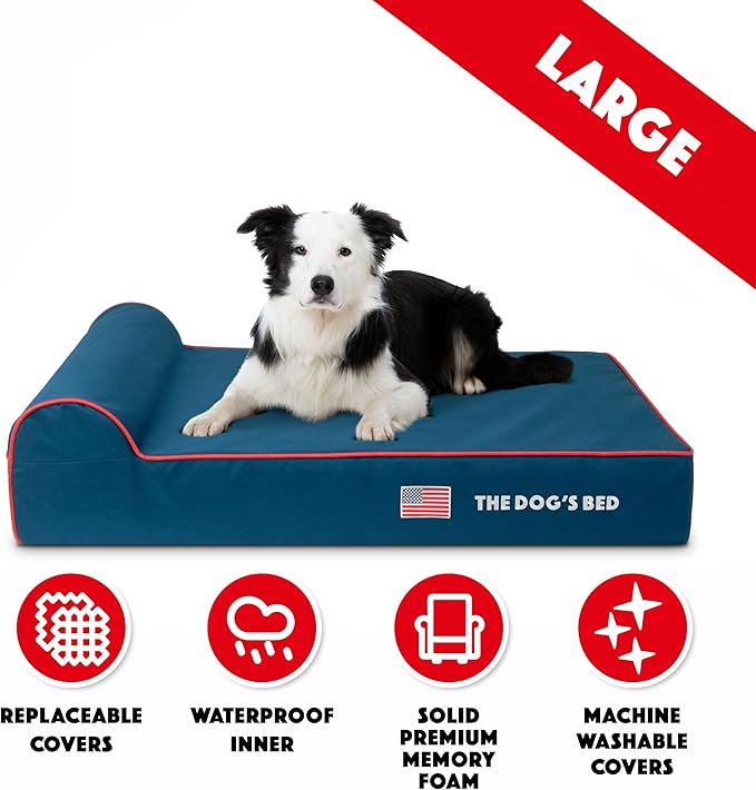 The Dog’s Bed Orthopedic Headrest Dog Bed Large Blue Oxford with Red Trim US Flag Dog Bed, Memory Foam, Hip & Elbow Dysplasia, Lameness, Waterproof Washable Cover