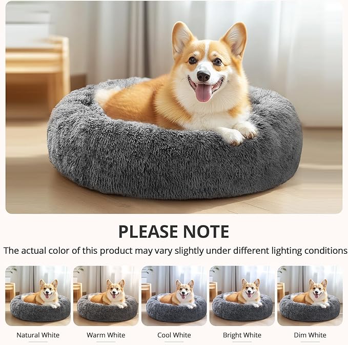 JOLLYVOGUE Calming Dog & Cat Bed for Small Dogs, Anti-Anxiety Donut Cuddler Cozy Soft Round Bed with Anti-Slip Bottom, Fluffy Faux Fur Plush Cushion Beds for Small Medium Dogs, 20"/Smoke Black
