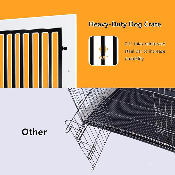 White Heavy Duty Furniture Dog Crate, Wood and Metal Kennel Cage, Pet House End Table with Drawer and Pull-Out Design, Dog Home for Indoor use, Large Size