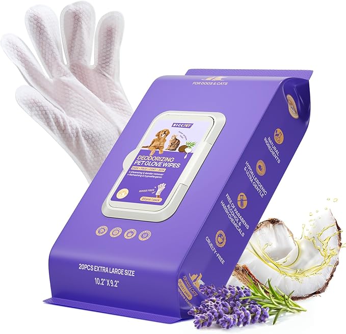 HICC PET Cleaning Deodorizing Glove Wipes for Dogs & Cats, Vet Recommended Hypoallergenic Pet Cleaning and Hydrating Glove Wipes, Nourish Fur Coconut Oil Pet Bathing Wipes for Horse Coat Care
