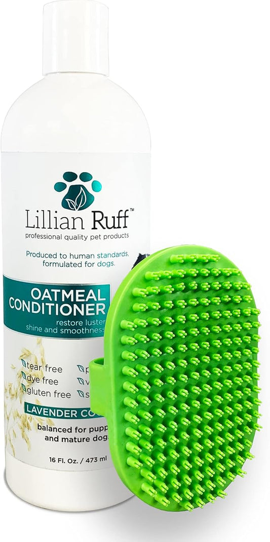 Lillian Ruff PRO Formula Oatmeal Dog Conditioner - Nourishing & Calming Relief for Allergies & Sensitive Skin - Detangles, Softens & Adds Shine with Oatmeal, Coconut Oil & Lavender - USA (16oz+Brush)
