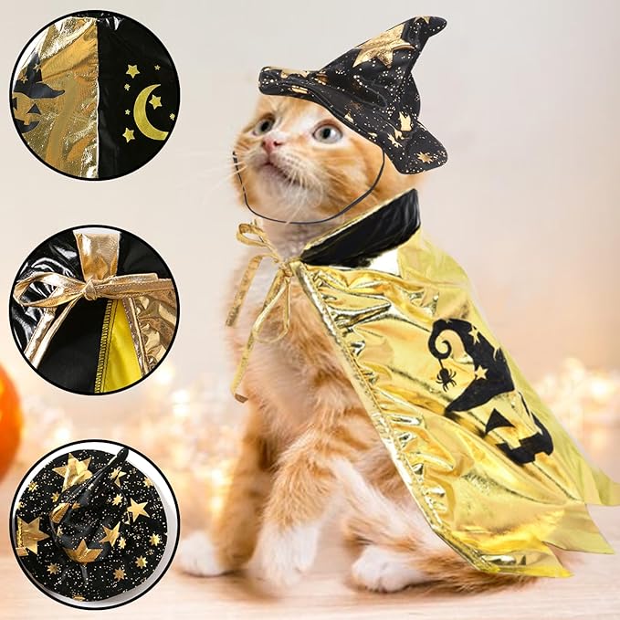 Halloween Pet Costumes Halloween Pets Costume Cape Accessories Sparkly Cat Wizard Cloak Puppy Witch Collar Cape Halloween Cosplay Clothes Apparel for Cats Small Dogs
