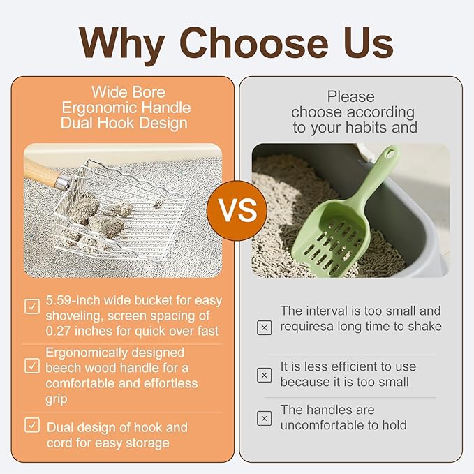 Premium Cat Litter Scoop with Ergonomic Beech Wood Handle - Stainless Steel Sifter with Hook & Hole for Easy Cleaning, Durable & Odor-Free (Steel Wire Long)