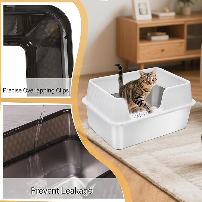 Enclosed High Sided Metal Stainless Steel Cat Litter Box with lid Scoop and Mats for Kittens or Medium Cats, Easy Clean White Deep Tall Kitty Litter Box