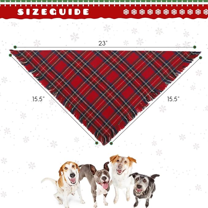 KOOLTAIL Christmas Plaid Dog Bandana 4 Pack - Classic Triangle Scarf Tassels Style Holiday for Dogs Cats Puppy