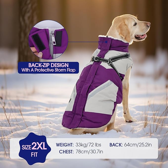 FUAMEY Dog Winter Jackets for Small Dogs,Dog Coat with Harness Built in,Waterproof Dogs Snowsuits Warm Pet Jacket Zip Up Fleece Cold Weather Coats Reflective Puppy Vest with Pocket Purple XS
