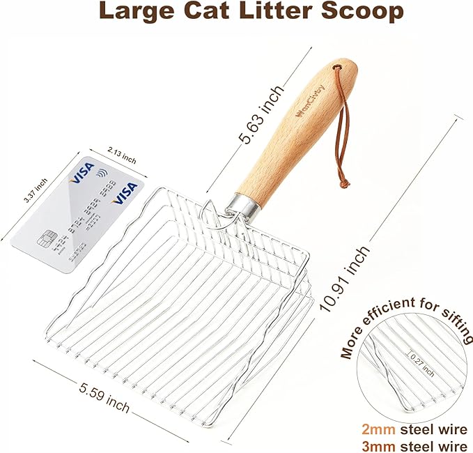 Premium Cat Litter Scoop with Ergonomic Beech Wood Handle - Stainless Steel Sifter with Hook & Hole for Easy Cleaning, Durable & Odor-Free (Steel Wire)
