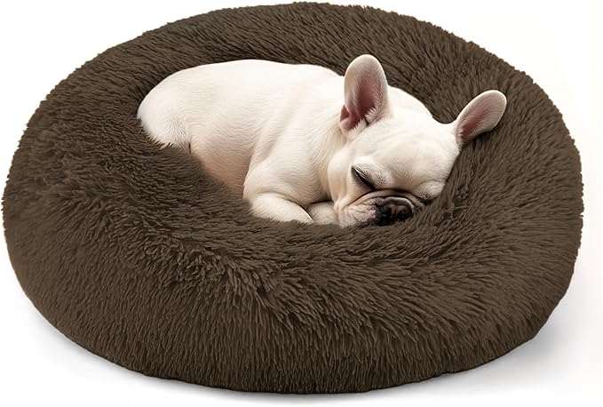 Hoewina Dog & Cat Bed, 20in Cat Beds for Indoor Cats, Calming Donut Bed for Puppy and Kitten, Washable Round Fluffy Pet Bed for Small Medium Dogs and Cats (Coffee)