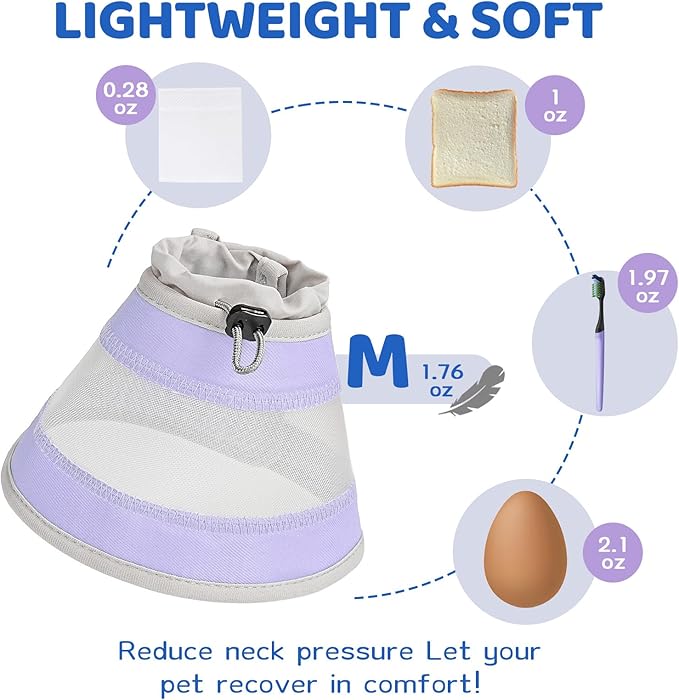 Breathable Air Mesh Cat Cone Collar Soft to Stop Licking, Adjustable, Foldable Lightweight Kitten Cones After Surgery Recovery for Cats & Kittens (Light Purple,M)
