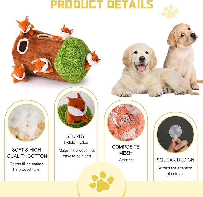 Interactive Squeaky Dog Toys Fox Dog Toy, Stuffing Woodland Friends Burrow, Squeaky Plush Dog Toys for Small Medium Large Dogs Small Size (Large)