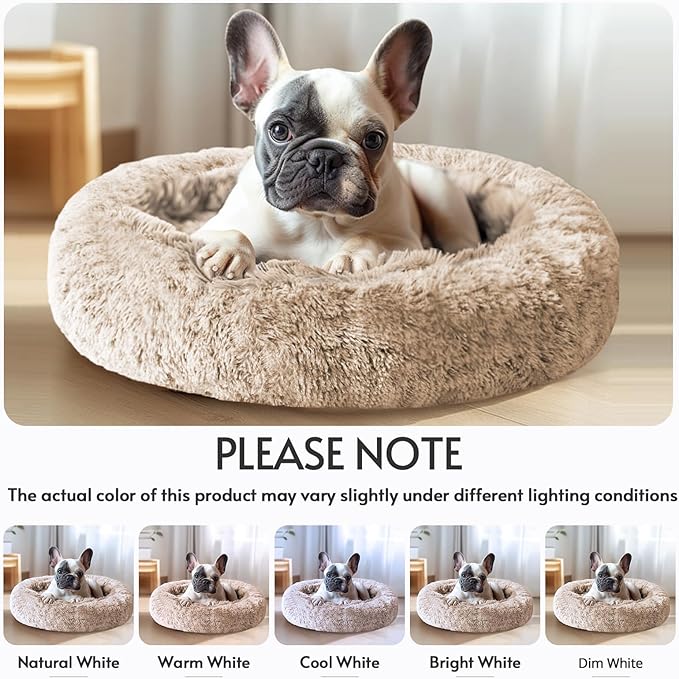 JOLLYVOGUE Calming Dog & Cat Bed for Small Dogs, Anti-Anxiety Donut Cuddler Cozy Soft Round Bed with Anti-Slip Bottom, Fluffy Faux Fur Plush Cushion Beds for Small Medium Dogs (23")
