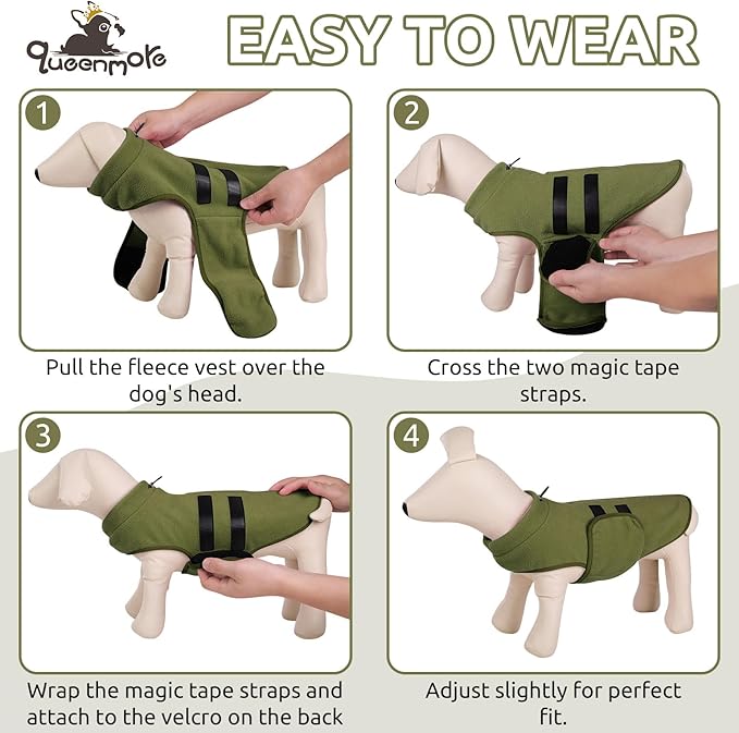 Queenmore Medium Dog Sweaters, Soft Fleece Vest Pullover Dog Jacket with Leash Hole, Warm Winter Dogs Clothes Cold Weather Doggy Dachshund Sweater for Medium Dogs Cats Boy or Girl (Army Green, M)