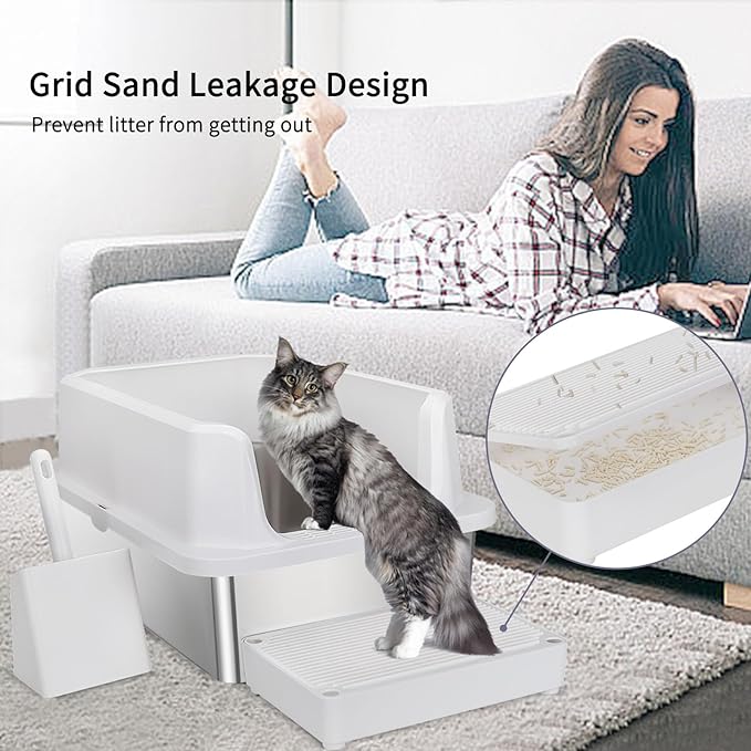 RIZZARI Large Stainless Steel Cat Litter Box: White Open Top Leak-Proof Large Cat Pan - Odor Control for Multi-Cat Homes - Living Room Balcony Use