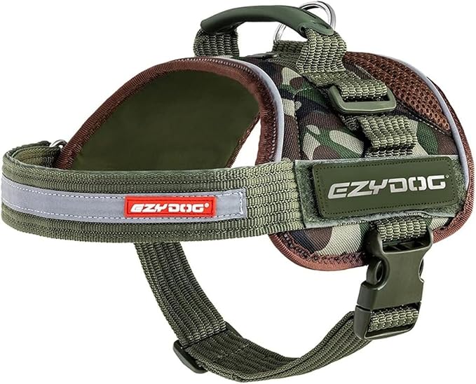 EzyDog Convert Dog Harness – Trail-Ready Rugged Harness for Walking, Hiking & Outdoors with Reflective Piping, Badge Attachment Points, Traffic Handle, & Comfort Lining (Small, Green Camo)