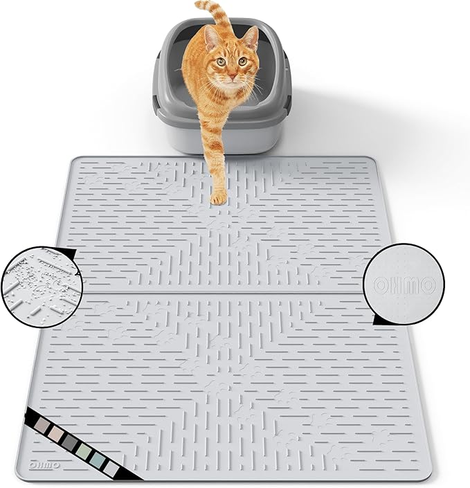 OHMO Cat Litter Mat Silicone Rubber 32x23.5 Formed by 2pc 23.5x16, Trapping Mats Waterproof and Non Slip Kitty Litter Catcher Box Mat, Washable Easy Clean