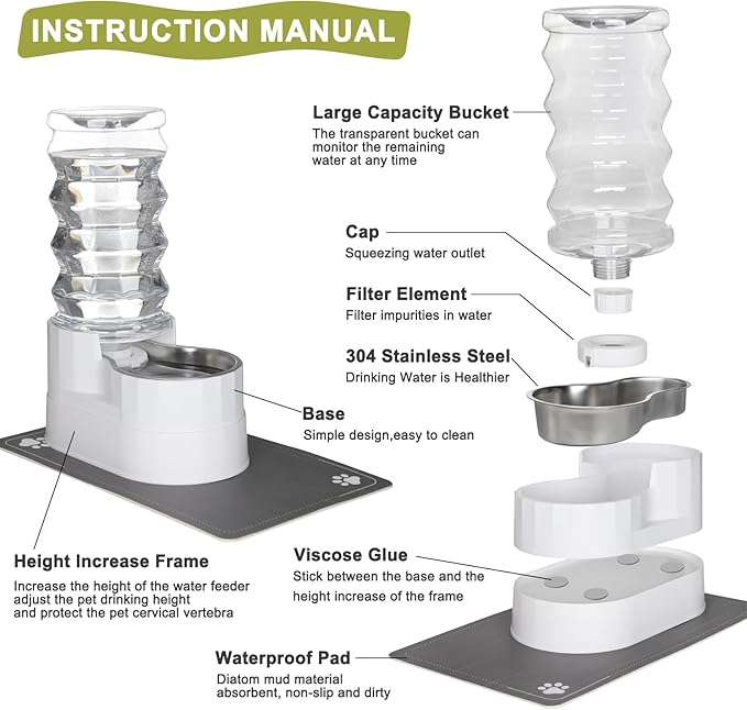 RIZZARI Automatic Dog Water Dispenser：8L Lagre Stainless Steel Raised Pet Water Bowl Gravity Feeder with Filter & Waterproof Mat - Indoor/Outdoor Pet Feeder