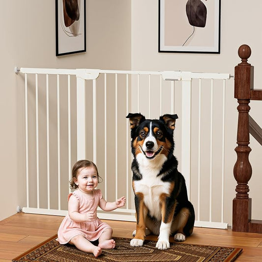 29.5-54.2" Baby Gate for Stairs, Baby Safety Essentials, Auto Close Gate for Doorways, Easy Install Pressure Mounted Dog Gate Indoor, Pet Gates for Dogs, White