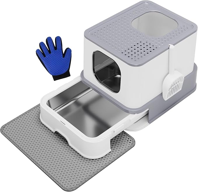 RIZZARI Stainless Steel Cat Litter Box: Large Leak-Proof Odor-Free Design - XL Gray - for Indoor Cats Pet Owners Solution