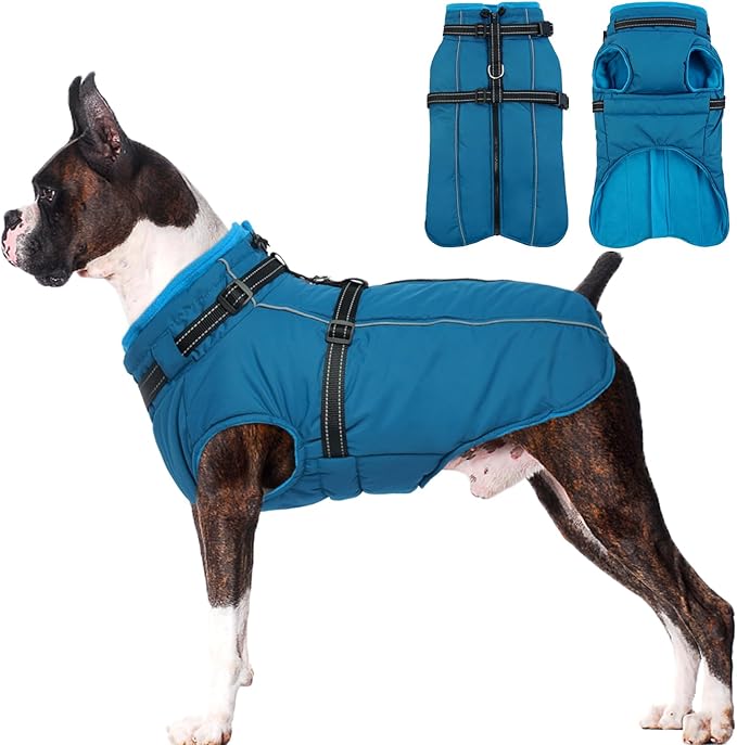 Lelepet Waterproof Dog Jacket with Harness Built in Warm Dog Winter Coat, Windproof Reflective Fleece Jacket, Dogs Coats for Medium Dogs,Thermal Pet Snowsuit for Cold Weather, Schnauzer, Pug, Blue M
