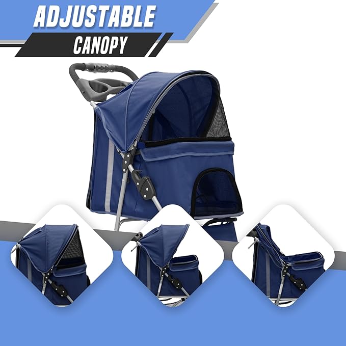 Cat & Dog Stroller, 3-Wheels Foldable Pet Stroller for Medium/Puppy Dogs & Cats, 30 Lbs, Breathable Mesh Navy with Storage Basket & Cup Holder