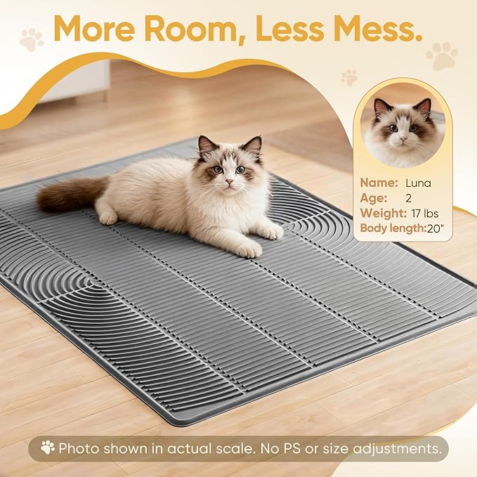 TRZZ XXL Extra Large Cat Litter Mat, Silicone Litter Box Mat for Floor, Waterproof & Non-Slip, Easy to Clean, Cat Litter Trapping Mat & Kitty Litter Catcher for Scatter Control (Gray)