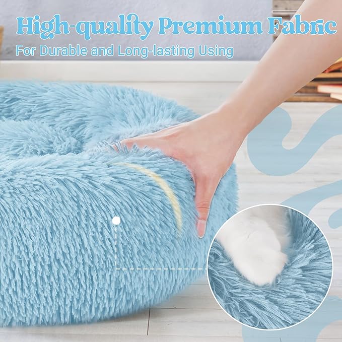 rabbitgoo Cat Beds for Indoor Cats, 20 inches Cat Bed Machine Washable, Fluffy Round Pet Bed Non-Slip, Calming Soft Plush Donut Cuddler Cushion Self Warming for Small Dogs Kittens, Light Blue, Medium