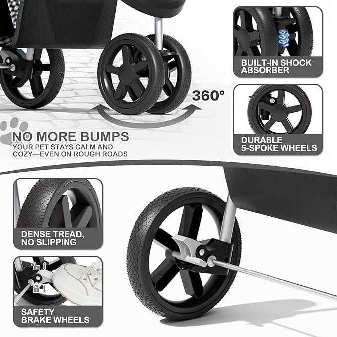 MoNiBloom Foldable Pet Stroller with Weather Cover, 3 Wheels Pet Strolling Cart for Small/Medium Dogs and Cats with Storage Basket and Cup Holder, Breathable and Visible Mesh for All-Season, Black