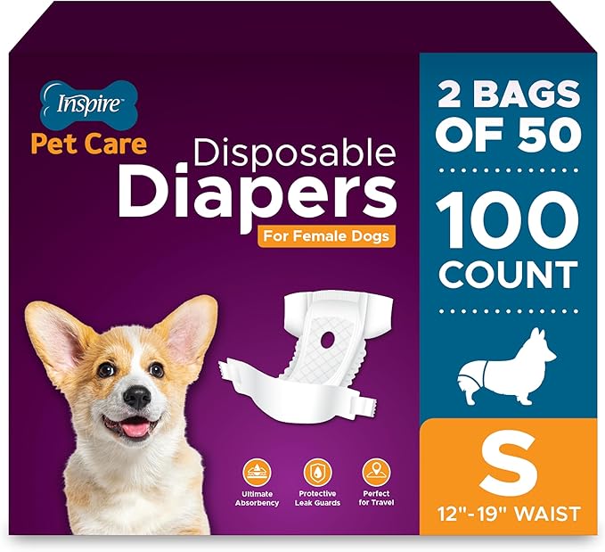 Inspire Pet Care Dog Diapers Female Dogs | Bulk Value Doggie Incontinence, Accidents, for Heat, Pee or Period and Housebreaking (Small (100 Count))