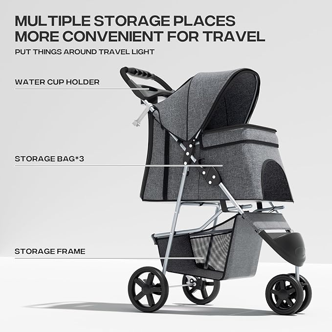 Cat Dog Stroller,3-Wheels Pet Stroller for Medium/Puppy Dogs 30 Lbs, Cat Strollers for 1 Cats, Foldable Dog Stroller with Storage Basket and Cup Holder, Breathable Mesh Grey