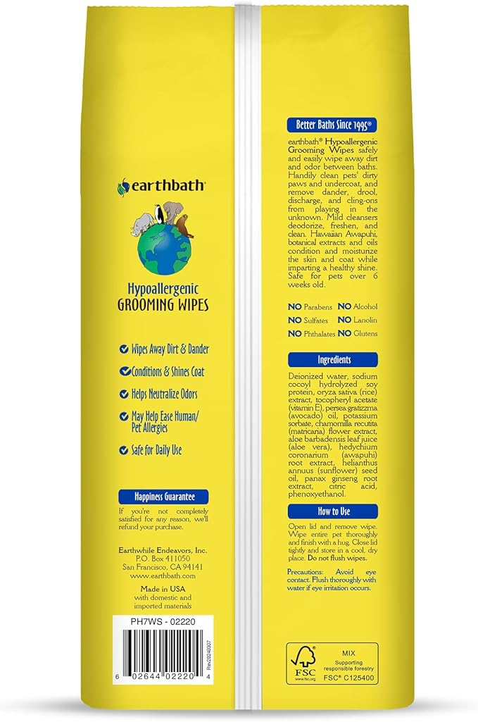 earthbath, Hypo-Allergenic Grooming Wipes - Fragrance Free Dog Wipes for Paws and Butt, Best Pet Wipes for Dogs with Sensitive Skin, Made in USA, Cruelty-Free Dog Cleaning Wipes - 100 Count (6 Pack)