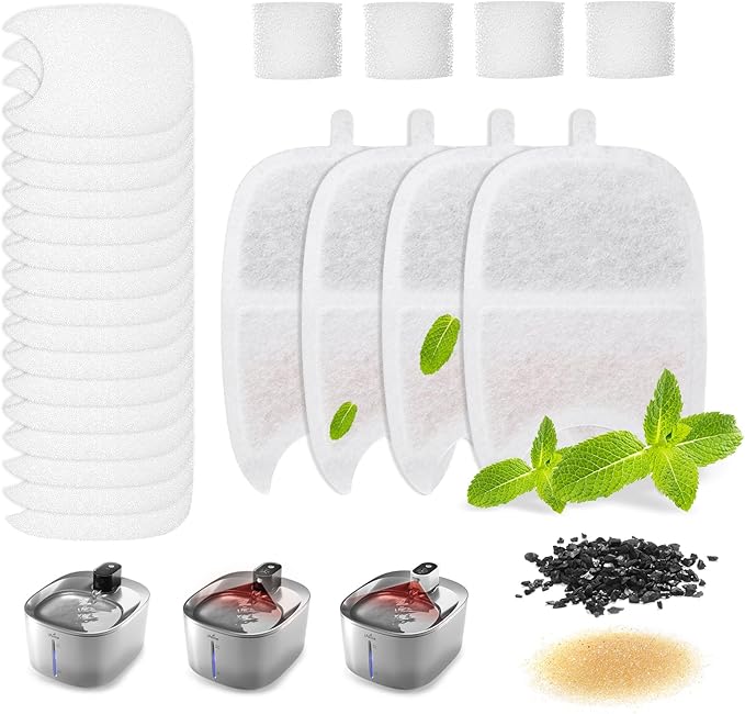 iPettie Water Fountain Filters Kits for Runway Stainless Steel Cat Water Fountain, IP-WF-S04-F4, 4 x Carbon Filter, 16 x Sponge Filter, 4 x Pump Filter