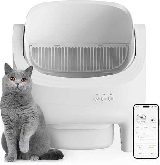 Open-Top Self-Cleaning Cat Litter Box, Automatic Litter Box for Multiple Cats with 10.5L Waste Bin, Advanced Safety Sensors, Quiet Operation, Easy to Clean (White)