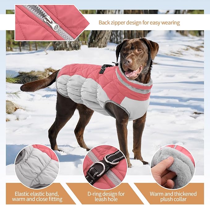 Large Dog Coat, XXLarge Dog Winter Coat, Waterproof Pet Jacket with Back Zipper,Extra Large Pet Coats, Warm Fleece Jacket with D-Ring, Windproof Winter Clothes Golden Retriever,Pink,XXL