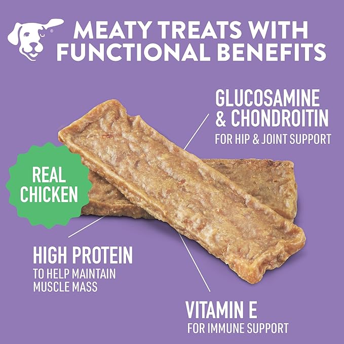 DOGSWELL Hip & Joint Dog Treats 100% Meaty, Grain Free, Glucosamine Chondroitin & Omega 3, Chicken Soft Strips 12 oz
