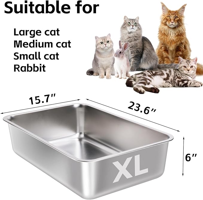 Stainless Steel Cat Litter Box-6" High Side Metal Litter Box,XLarge Stainless Steel LitterBox,Cat LitterBox for Big Cats or Rabbit，Puppy，Non Stick, No Smell, Easy to Clean