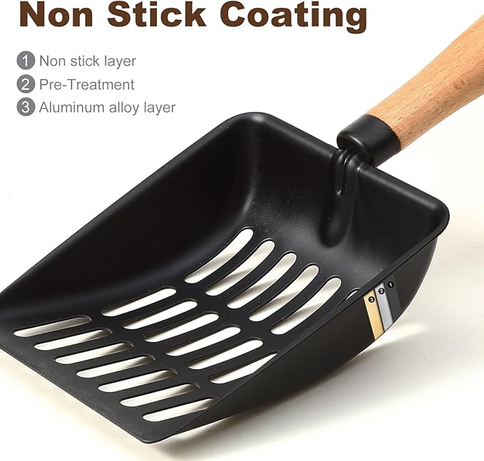 Premium Cat Litter Scoop with Ergonomic Beech Wood Handle - Stainless Steel Sifter with Hook & Hole for Easy Cleaning, Durable & Odor-Free (Teflon)