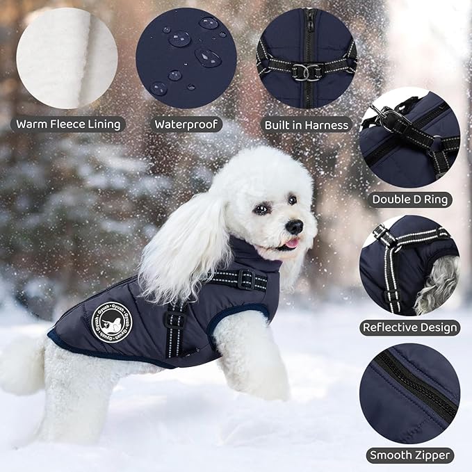 Gyuzh Dog Coat with Harness Winter Dog Coat Fleece Dog Jacket Waterproof Dog Coat Zipper Dog Jacket Puppy Coat Small Dog Clothes Dog Coat with Reflective Harness for Smal Medium Large Dogs