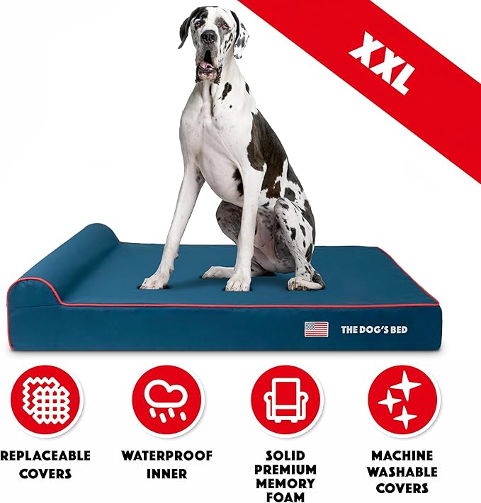The Dog’s Bed Orthopedic Headrest Dog Bed XXL Blue Oxford with Red Trim US Flag, Memory Foam, Hip & Elbow Dysplasia, Post Surgery, Lameness, Waterproof Washable Cover