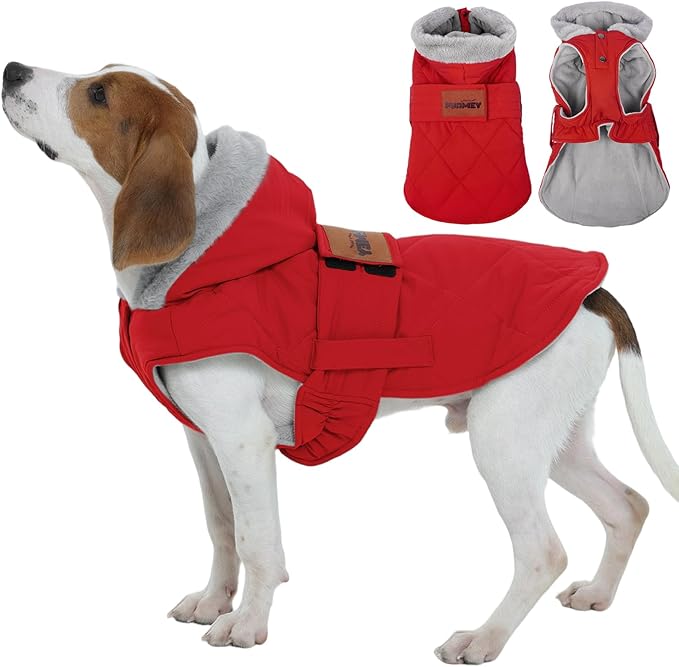 FUAMEY Winter Coats for Medium Dogs, Thermal Dog Jacket Fleece Lined, Hooded Pup Snow Suit with Harness Hole, Cold Weather Outfits for Doggies Sleeveless, Easy to Pee (Red, M)