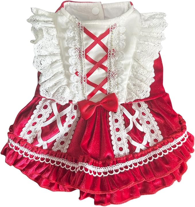 MengYu Princess Dresses for Small Dog Lolita Clothes for Cat Velvet Costume Pretty Lace Outfits Fall Costumes (Red, L)